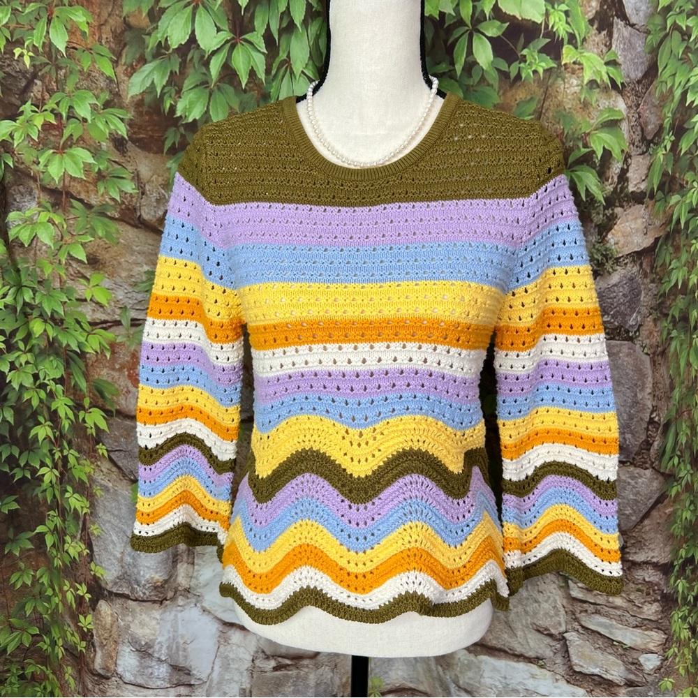 NWOT RACHEL ZOE Rainbow Chevron Stripe Scallop Hem Knit Sweater, S - Picture 3 of 10